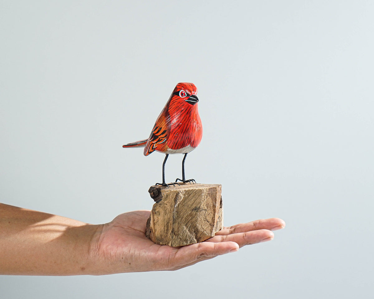 Finch Bird Sculpture, Painted Wood Carving, Wooden Bird Figurine, Handcrafted, Animal Statue, Bird Lover, Home Table Decor, Grandfather Gift