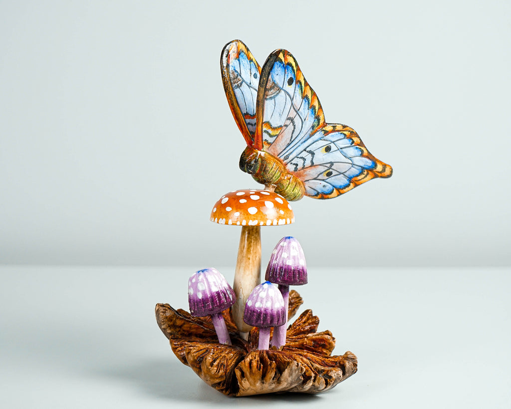 Blue Butterfly On Mushroom Sculpture, Hand Painted, Artwork, Wood Carving, Handmade Decor, Insect Statue, Home Decor, Gift for Sister