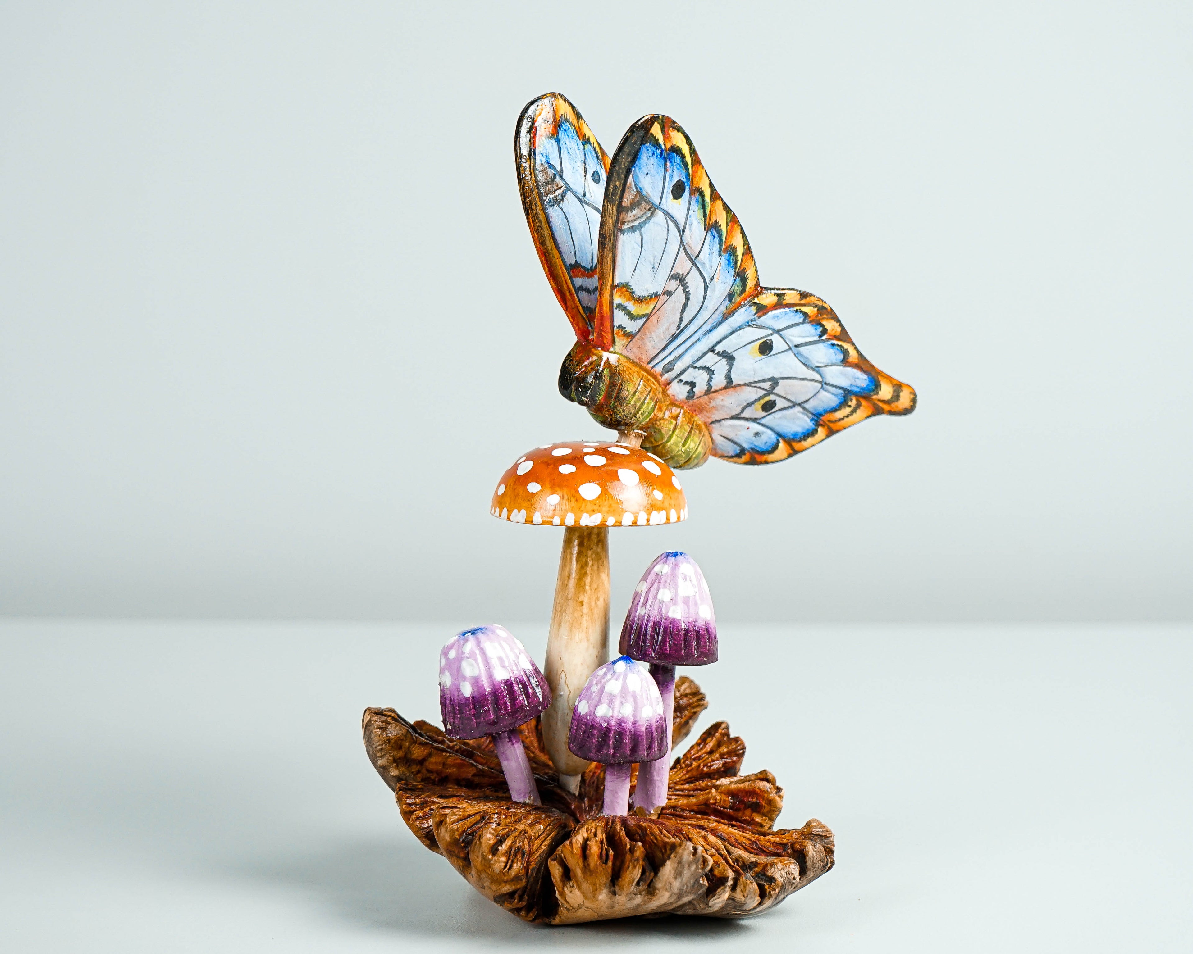 Blue Butterfly On Mushroom Sculpture, Hand Painted, Artwork, Wood Carving, Handmade Decor, Insect Statue, Home Decor, Gift for Sister