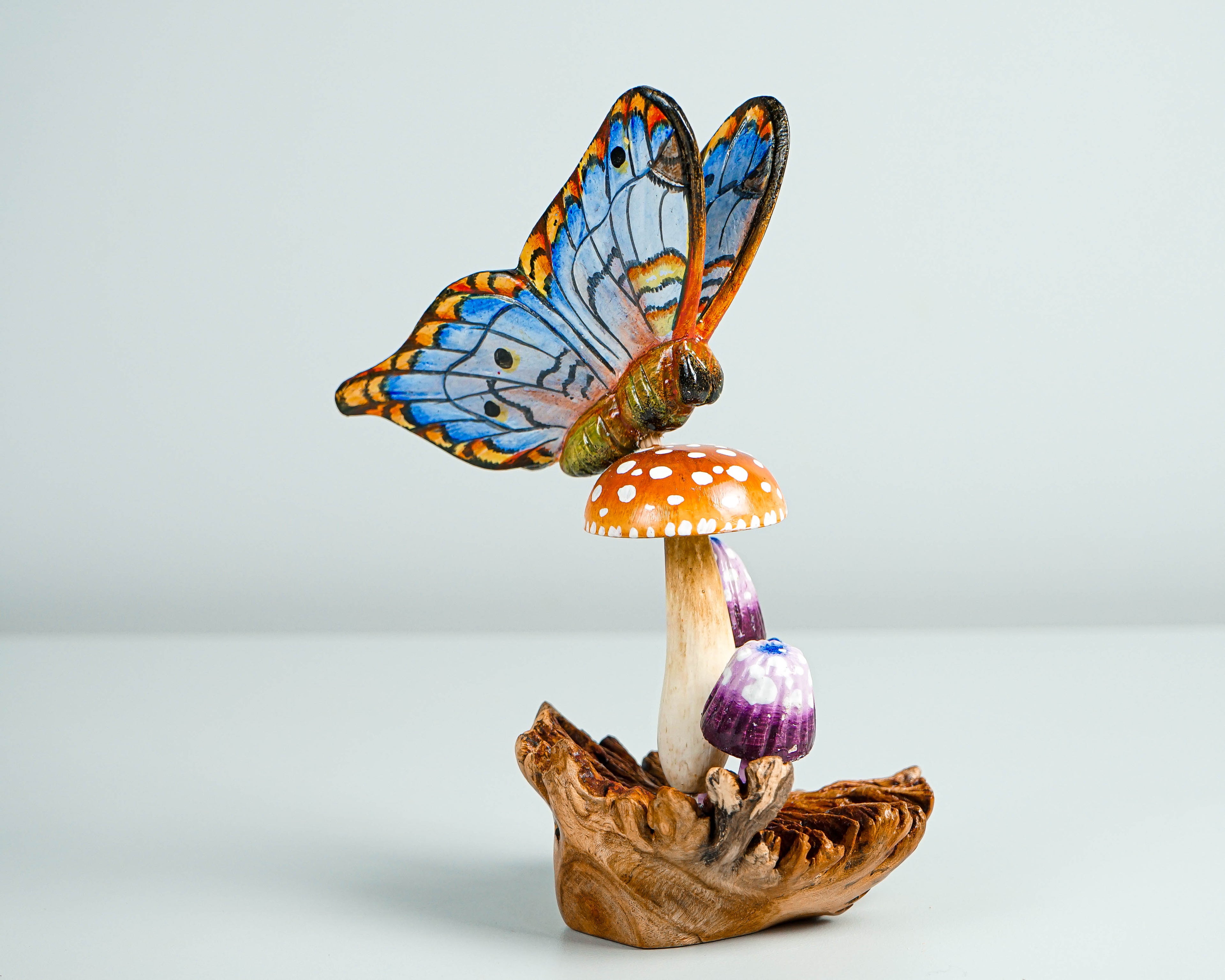 Blue Butterfly On Mushroom Sculpture, Hand Painted, Artwork, Wood Carving, Handmade Decor, Insect Statue, Home Decor, Gift for Sister
