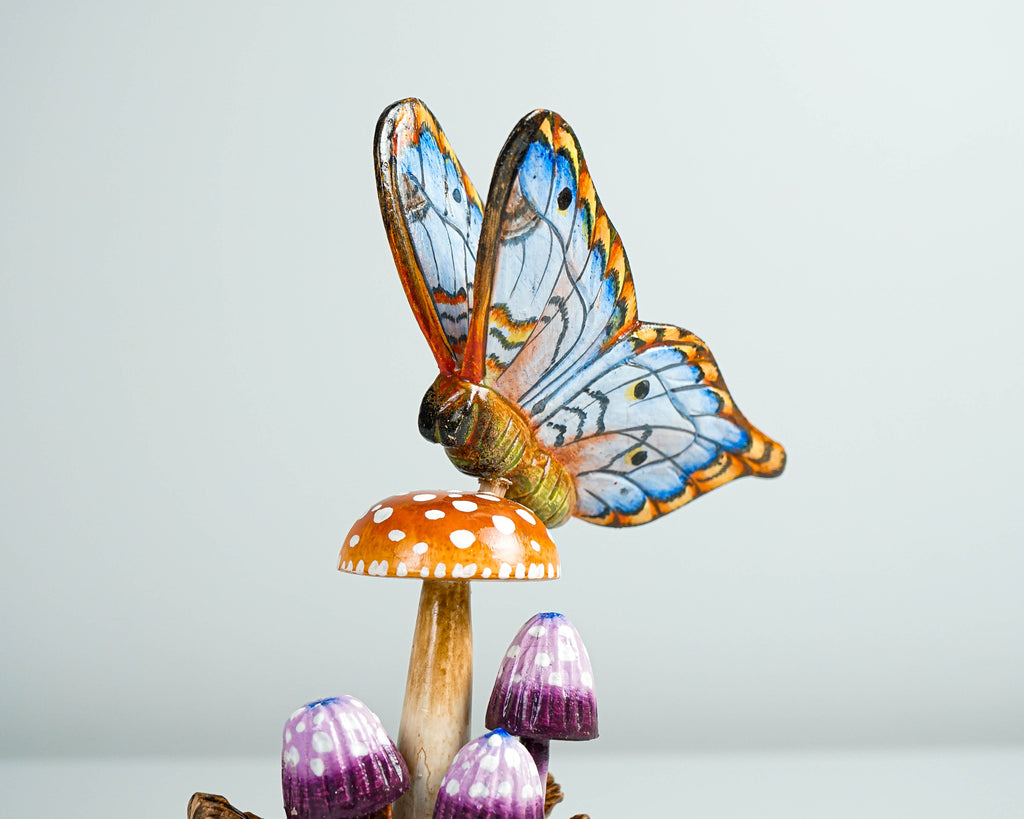 Blue Butterfly On Mushroom Sculpture, Hand Painted, Artwork, Wood Carving, Handmade Decor, Insect Statue, Home Decor, Gift for Sister