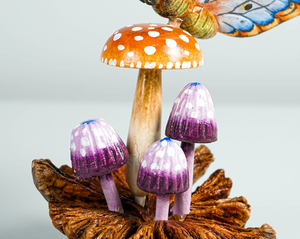 Blue Butterfly On Mushroom Sculpture, Hand Painted, Artwork, Wood Carving, Handmade Decor, Insect Statue, Home Decor, Gift for Sister