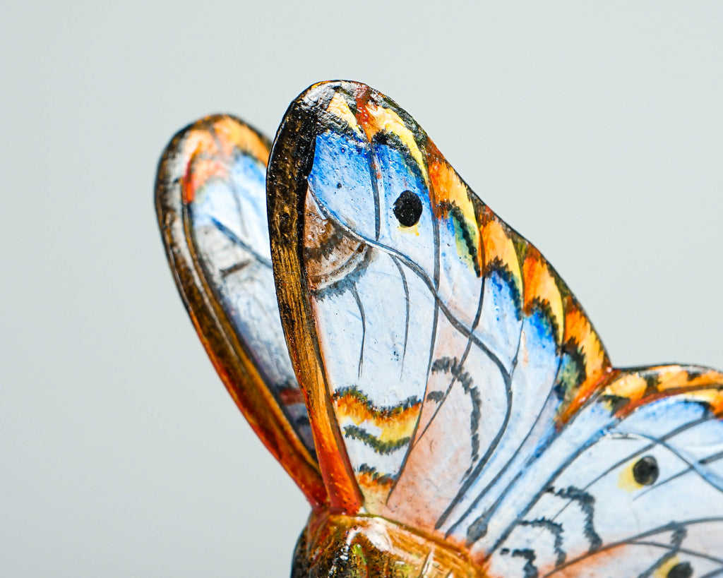 Blue Butterfly On Mushroom Sculpture, Hand Painted, Artwork, Wood Carving, Handmade Decor, Insect Statue, Home Decor, Gift for Sister