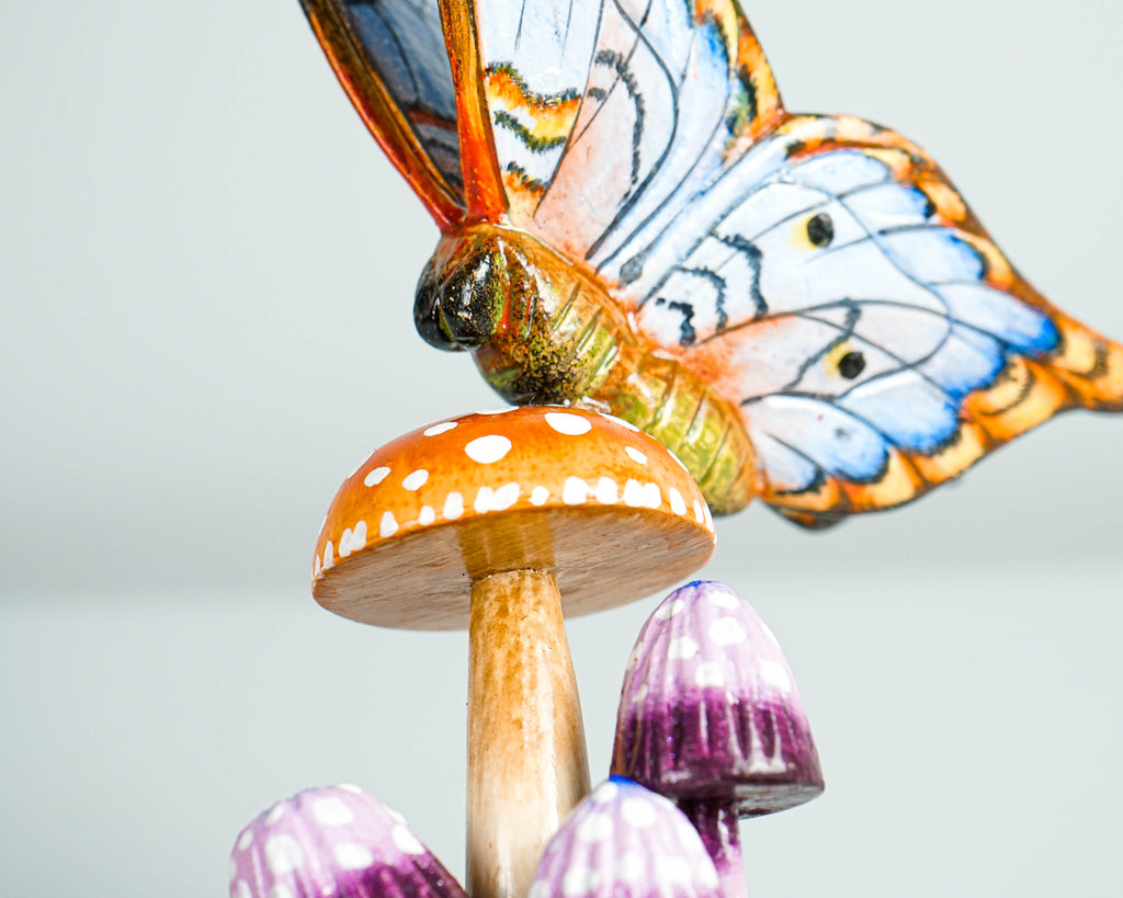 Blue Butterfly On Mushroom Sculpture, Hand Painted, Artwork, Wood Carving, Handmade Decor, Insect Statue, Home Decor, Gift for Sister