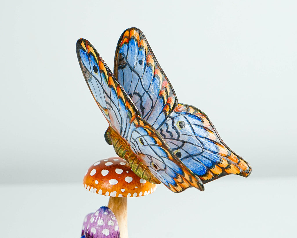 Blue Butterfly On Mushroom Sculpture, Hand Painted, Artwork, Wood Carving, Handmade Decor, Insect Statue, Home Decor, Gift for Sister