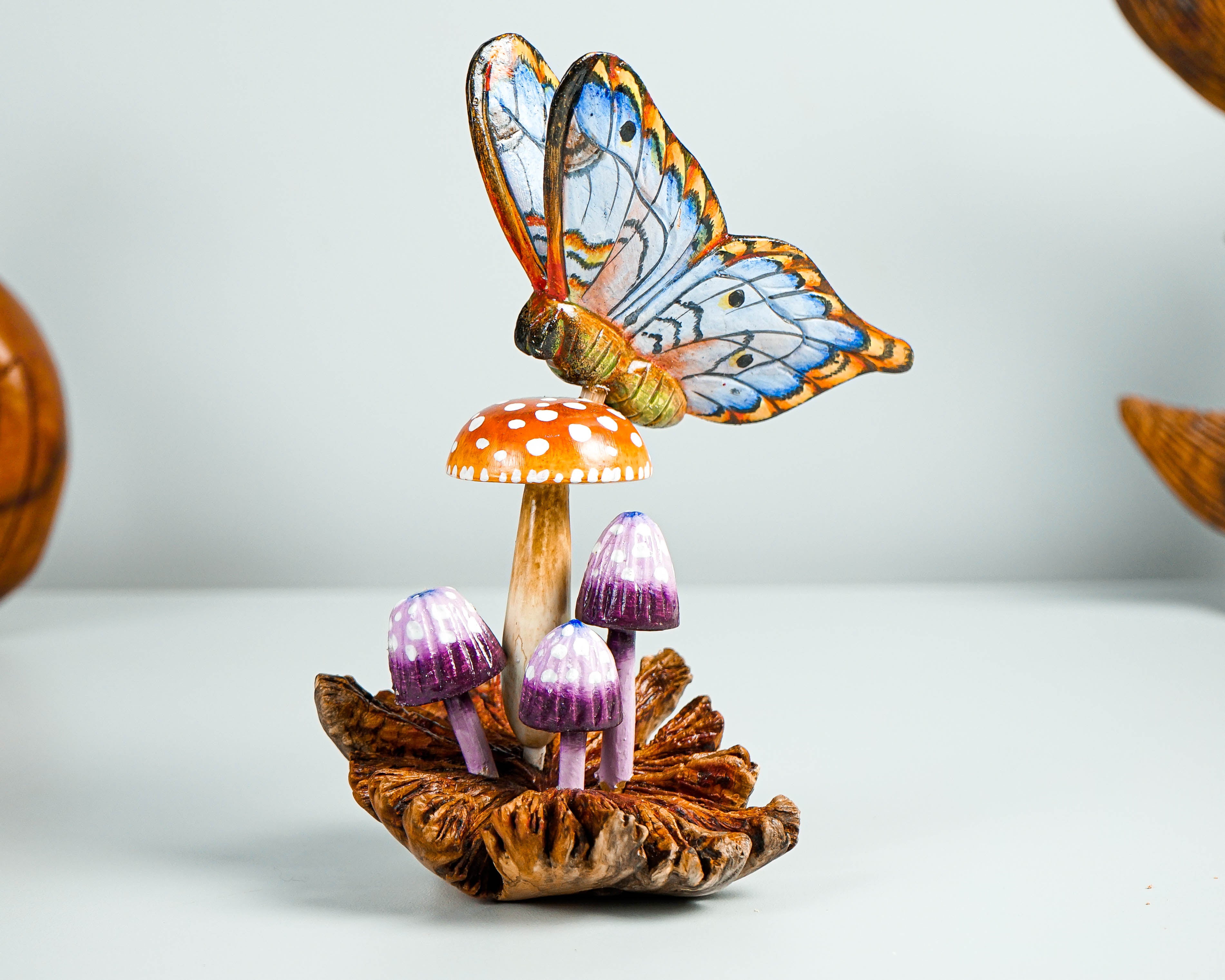 Blue Butterfly On Mushroom Sculpture, Hand Painted, Artwork, Wood Carving, Handmade Decor, Insect Statue, Home Decor, Gift for Sister