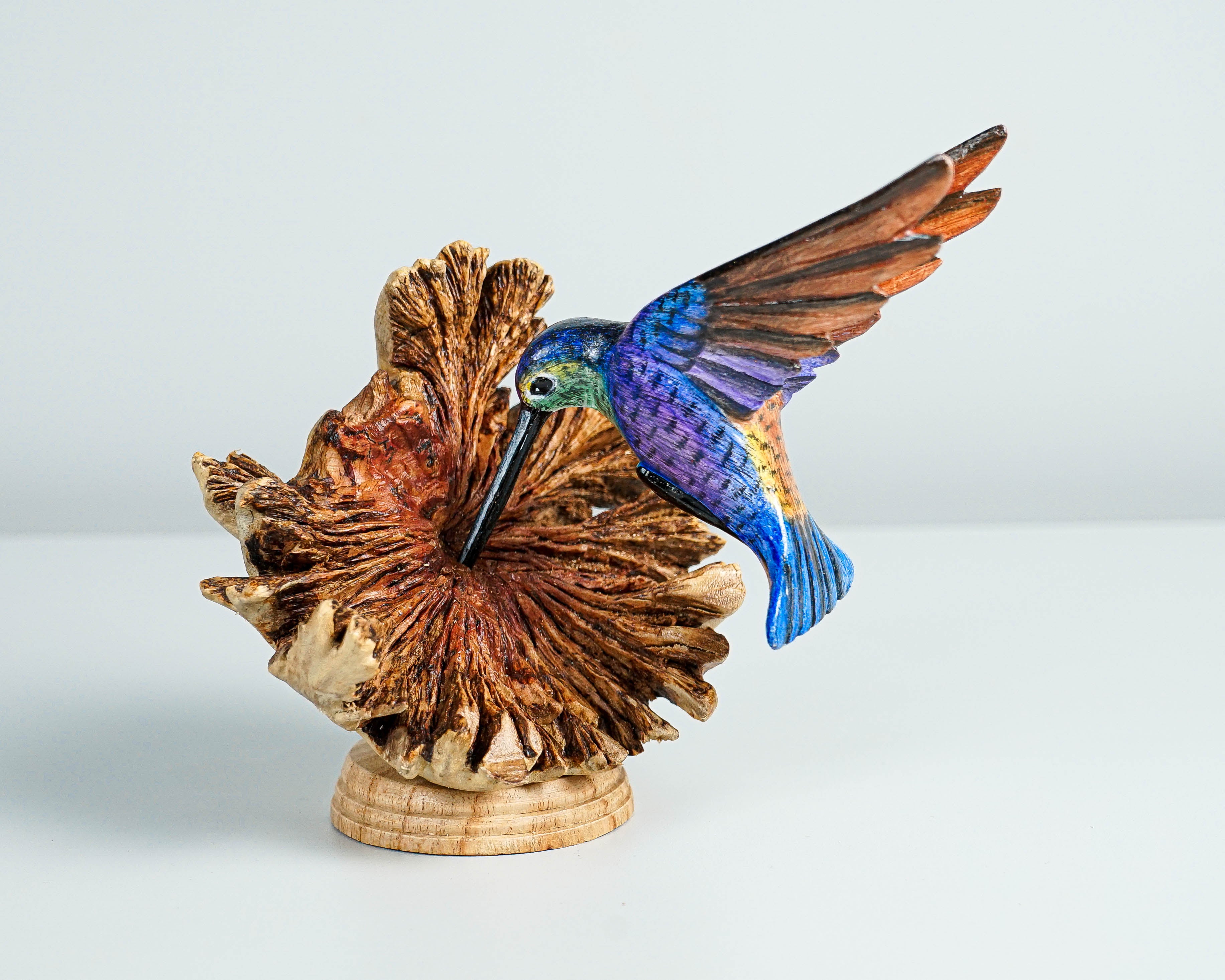 Colorful Hummingbird Statue, Blue, Painted Sculpture, Colorful Art, Nature, Wood Carving Figure, Handmade, Office Decor, Special Gift