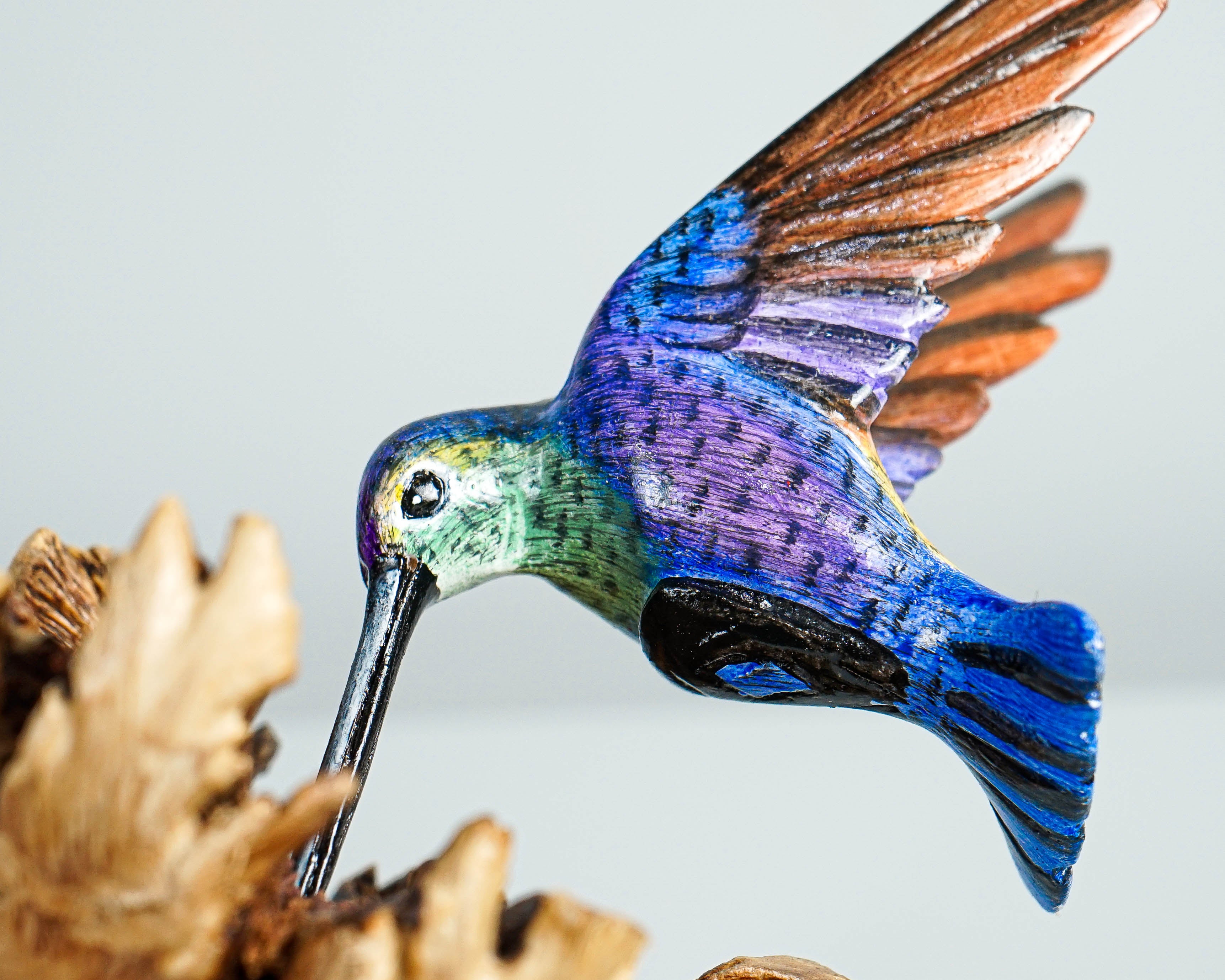 Colorful Hummingbird Statue, Blue, Painted Sculpture, Colorful Art, Nature, Wood Carving Figure, Handmade, Office Decor, Special Gift