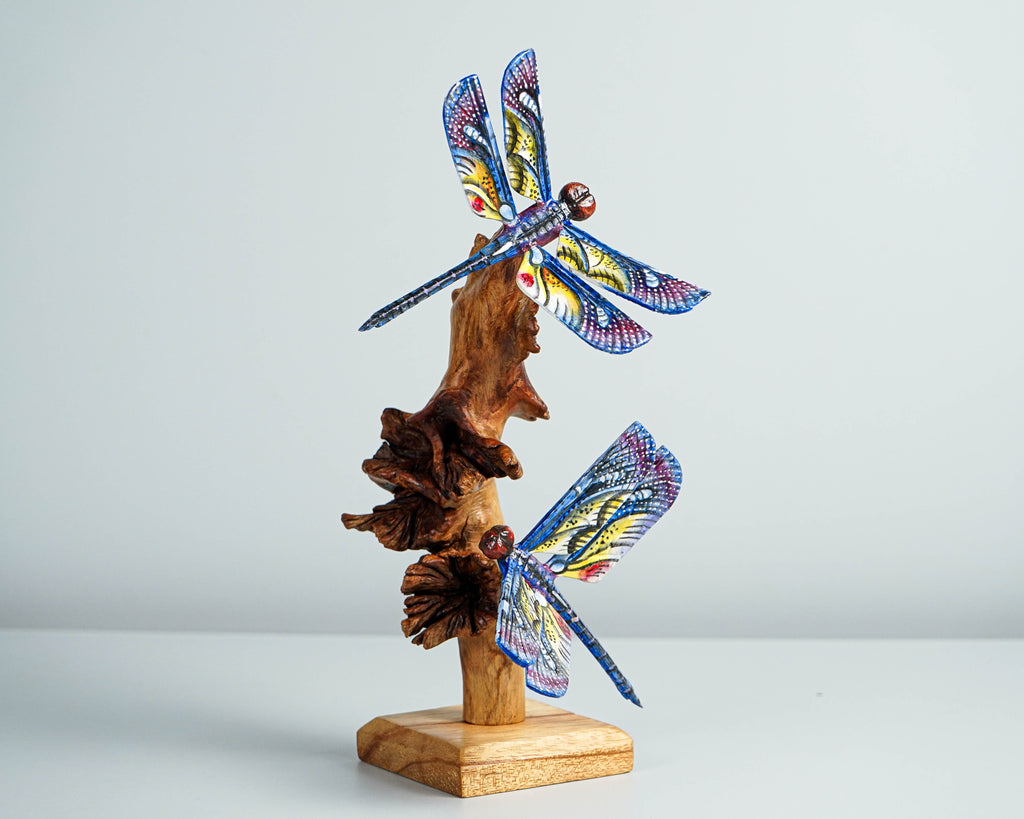 Blue Dragonfly Sculpture, Couple, Wood Carving, Handmade Statue, Unique Figurine, Fairy, Garden Decoration, Wedding Gift, Couples Gift