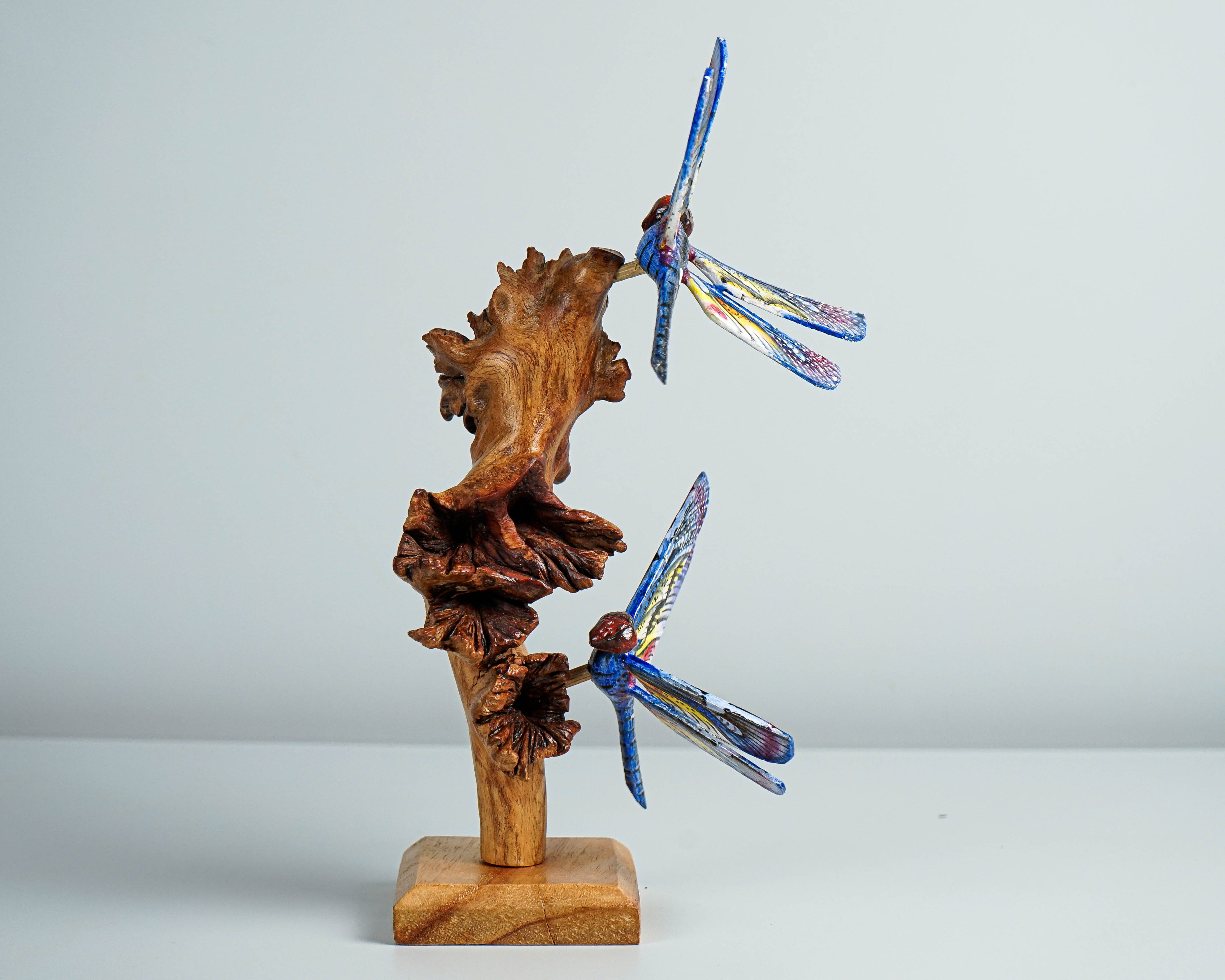 Blue Dragonfly Sculpture, Couple, Wood Carving, Handmade Statue, Unique Figurine, Fairy, Garden Decoration, Wedding Gift, Couples Gift