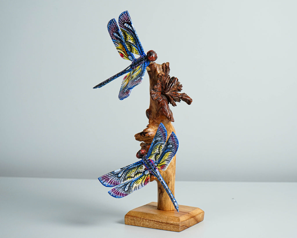 Blue Dragonfly Sculpture, Couple, Wood Carving, Handmade Statue, Unique Figurine, Fairy, Garden Decoration, Wedding Gift, Couples Gift