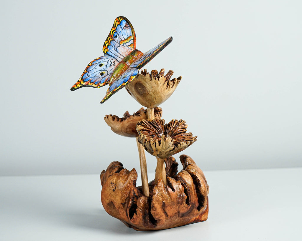Blue Butterfly Art, Mushroom, Wood Carving, Painted Statue, Unique, Insect Statue, Kitchen Decoration, Handmade Sculpture, Special Gift