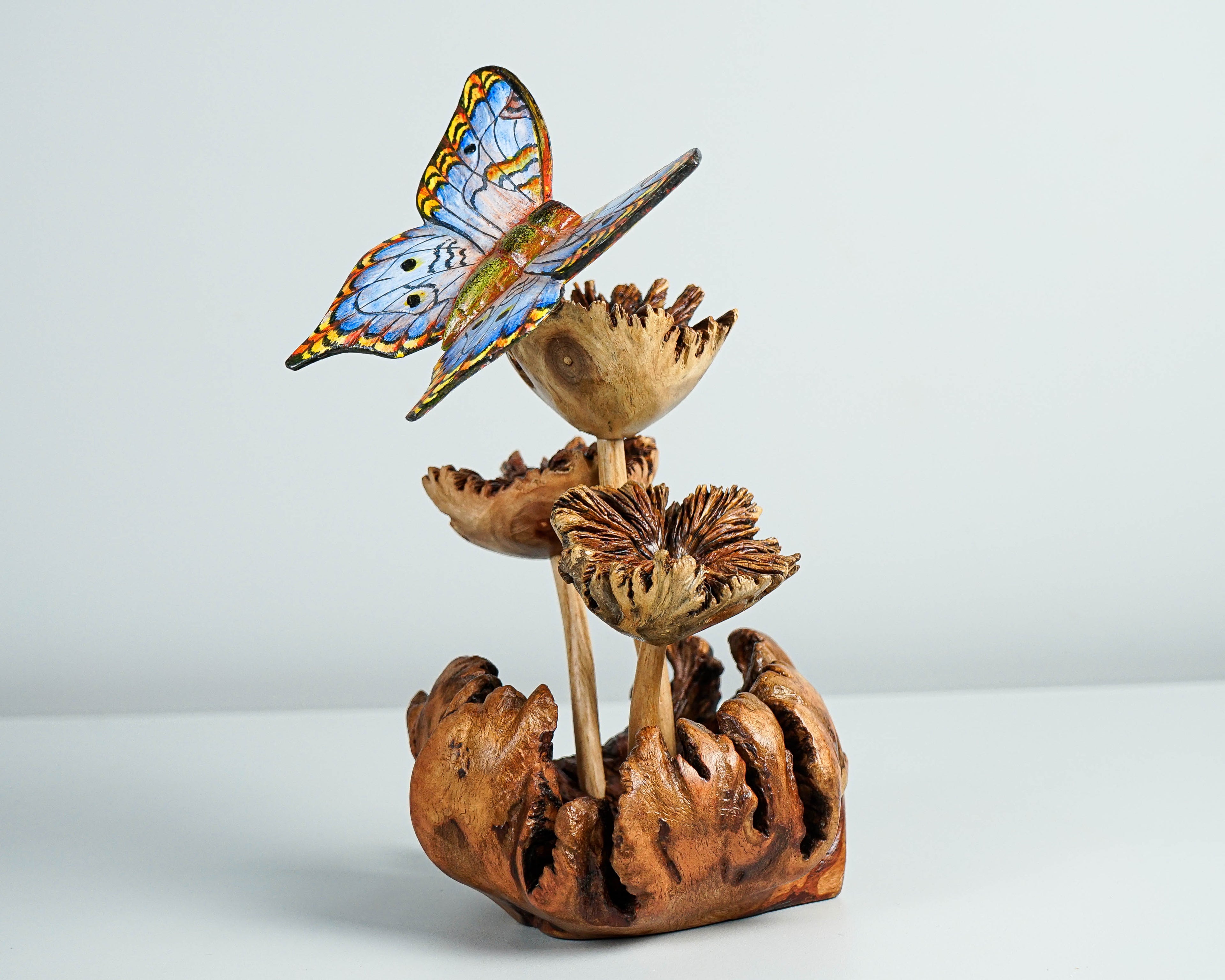 Blue Butterfly Art, Mushroom, Wood Carving, Painted Statue, Unique, Insect Statue, Kitchen Decoration, Handmade Sculpture, Special Gift