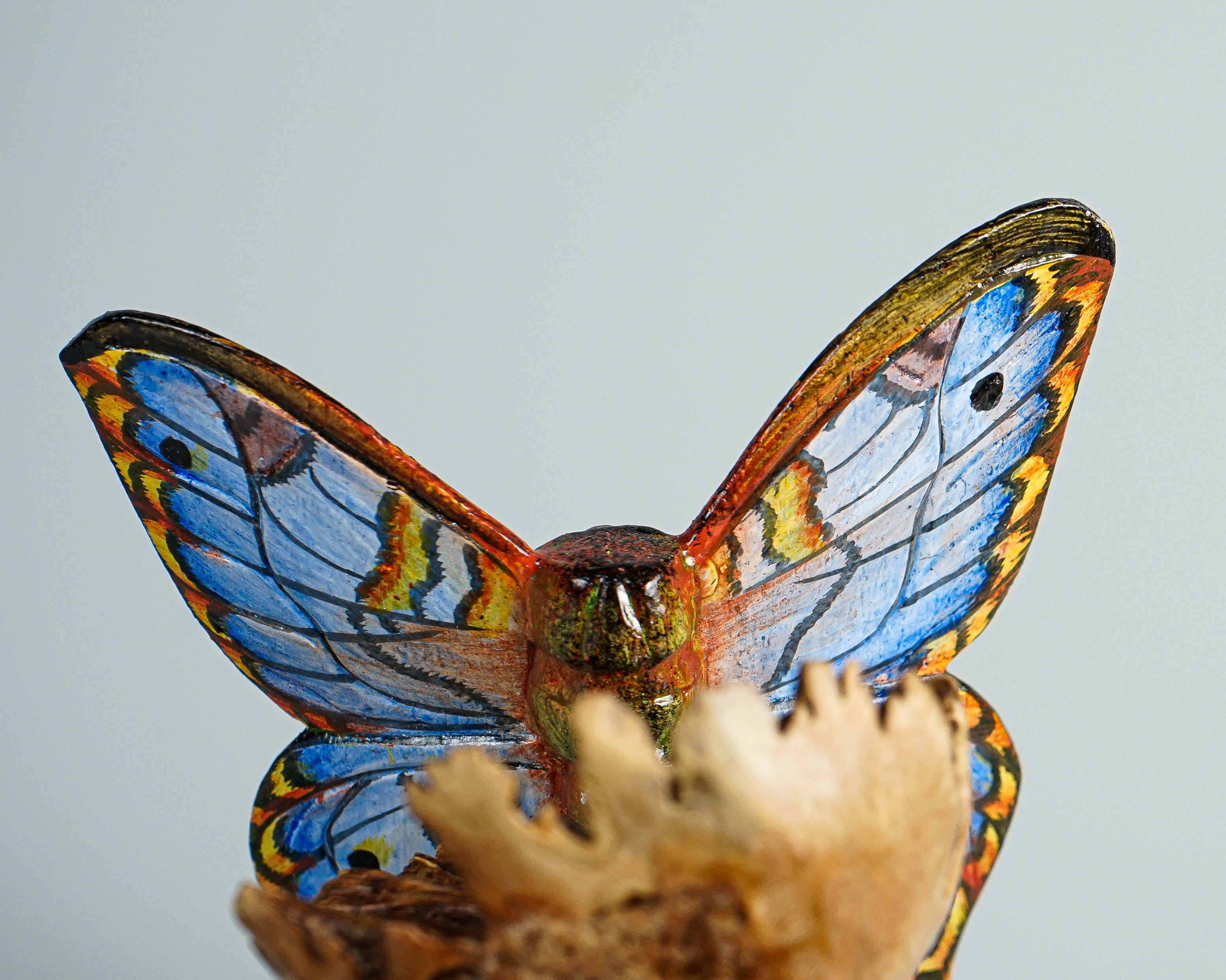 Blue Butterfly Art, Mushroom, Wood Carving, Painted Statue, Unique, Insect Statue, Kitchen Decoration, Handmade Sculpture, Special Gift