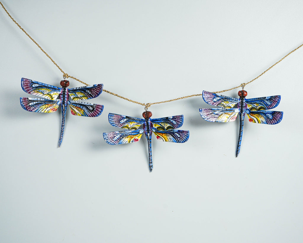 Blue Dragonfly Garland, Wall Decor, Insect, Exotic, Wood Carving, Garden, Hand-painted Figurine, Summer, Living Room Decor, Mother Loss Gift