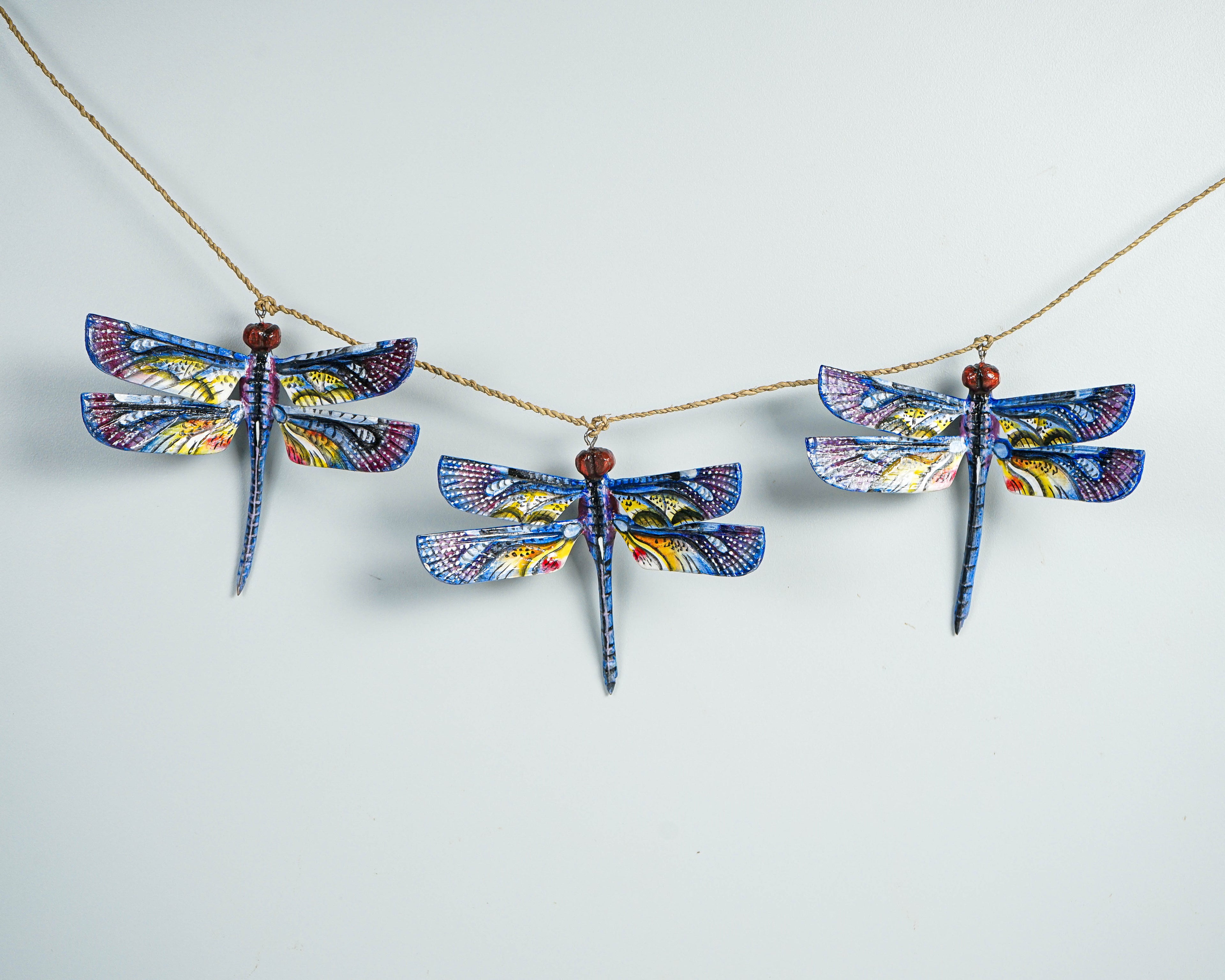 Blue Dragonfly Garland, Wall Decor, Insect, Exotic, Wood Carving, Garden, Hand-painted Figurine, Summer, Living Room Decor, Mother Loss Gift