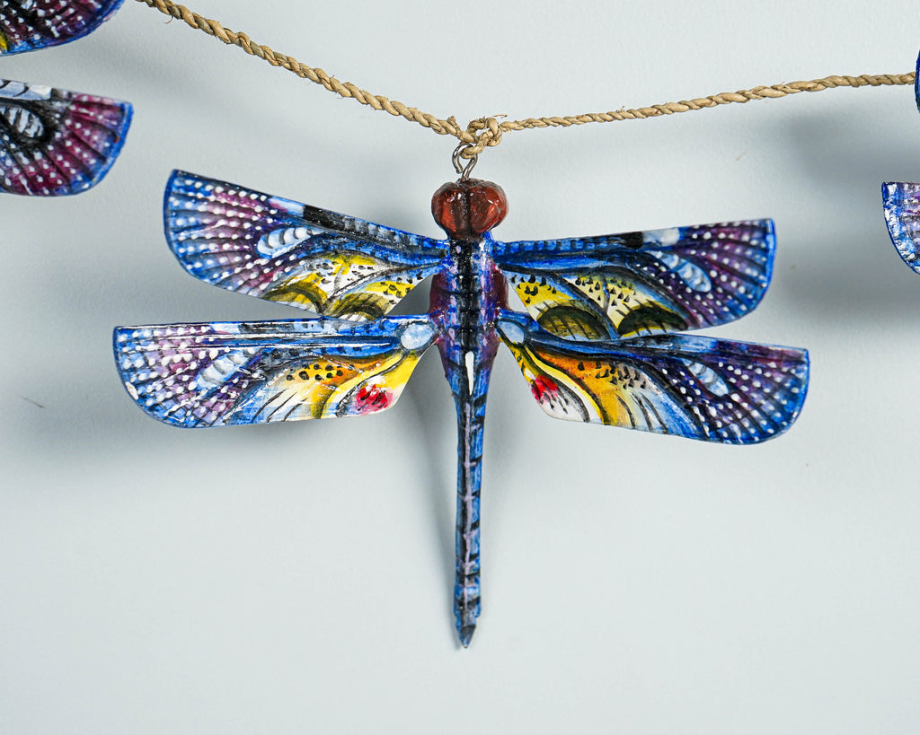 Blue Dragonfly Garland, Wall Decor, Insect, Exotic, Wood Carving, Garden, Hand-painted Figurine, Summer, Living Room Decor, Mother Loss Gift