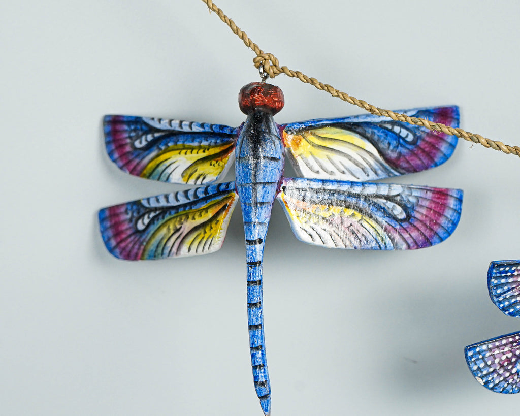 Blue Dragonfly Garland, Wall Decor, Insect, Exotic, Wood Carving, Garden, Hand-painted Figurine, Summer, Living Room Decor, Mother Loss Gift