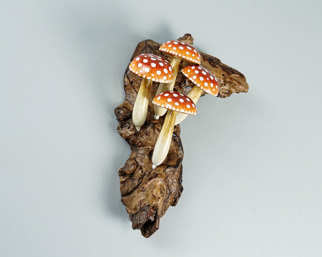 Red Hanging Mushroom Sculpture 8in Tall Hand-Carved Fairy Wooden Wall Art