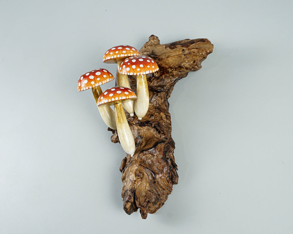 Red Hanging Mushroom Sculpture 8in Tall Hand-Carved Fairy Wooden Wall Art