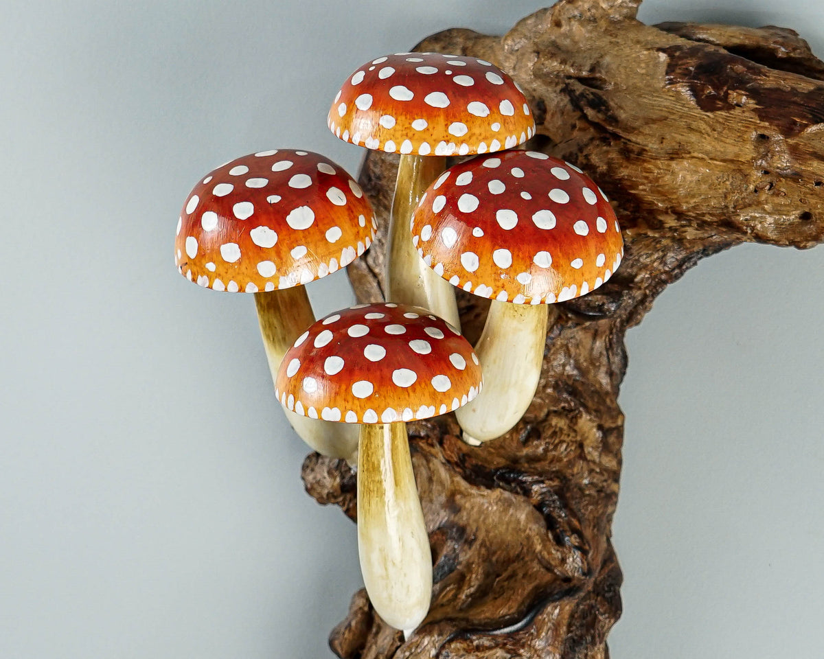 Red Hanging Mushroom Sculpture 8in Tall Hand-Carved Fairy Wooden Wall Art