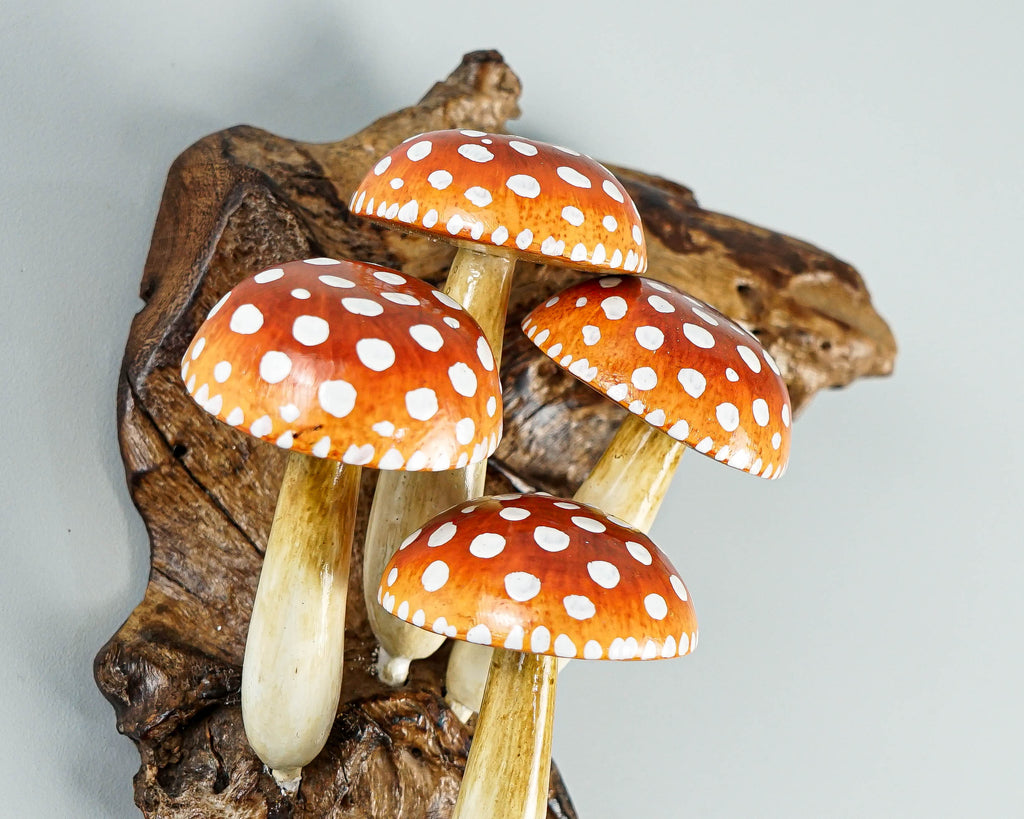 Red Hanging Mushroom Sculpture 8in Tall Hand-Carved Fairy Wooden Wall Art