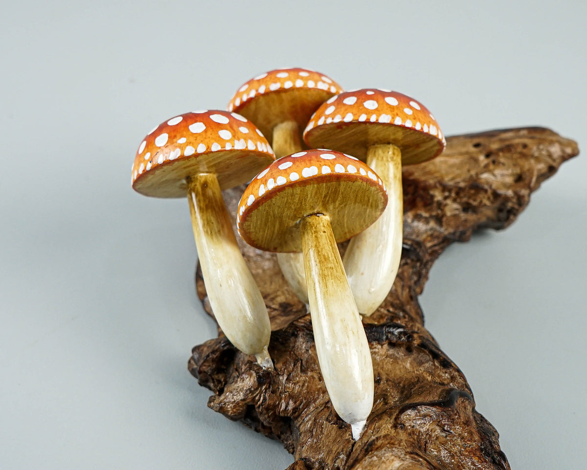 Red Hanging Mushroom Sculpture 8in Tall Hand-Carved Fairy Wooden Wall Art