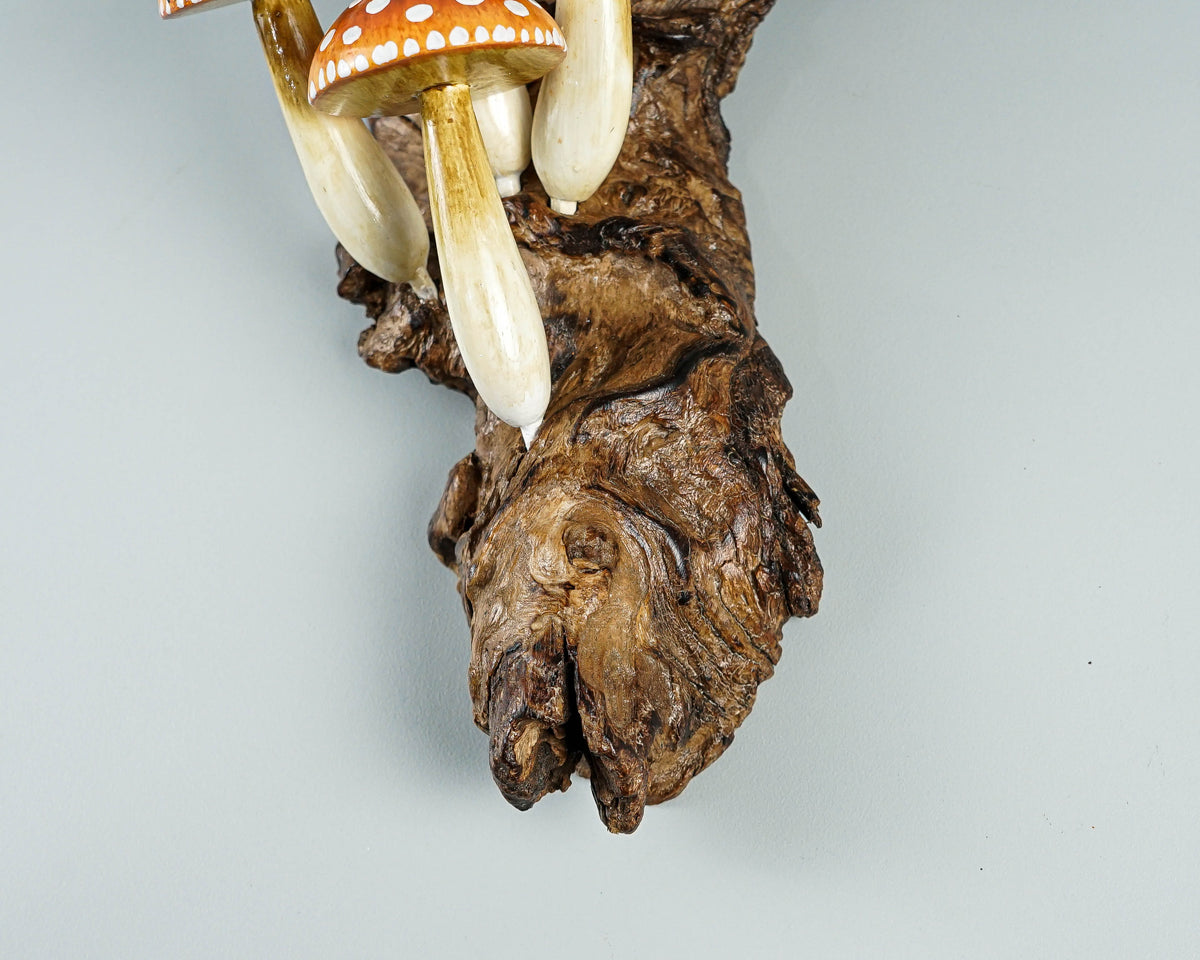 Red Hanging Mushroom Sculpture 8in Tall Hand-Carved Fairy Wooden Wall Art