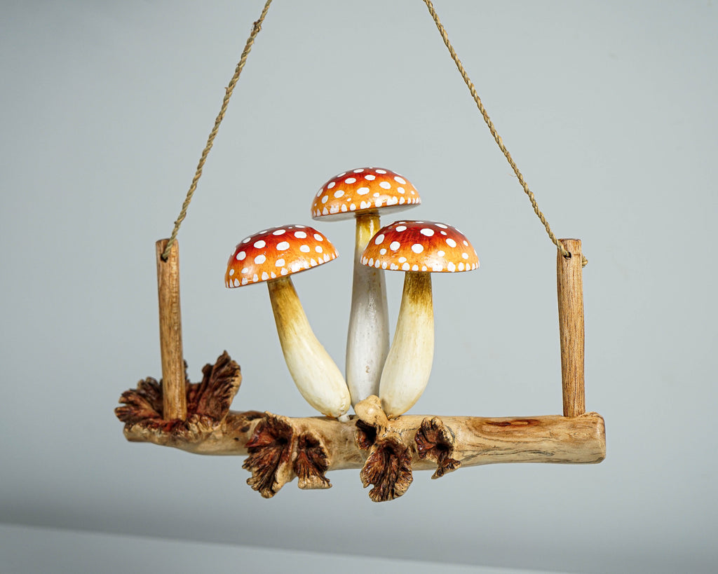 Red Hanging Mushroom Sculpture 7.5in Length Hand-Carved Wooden Forest Wall Art