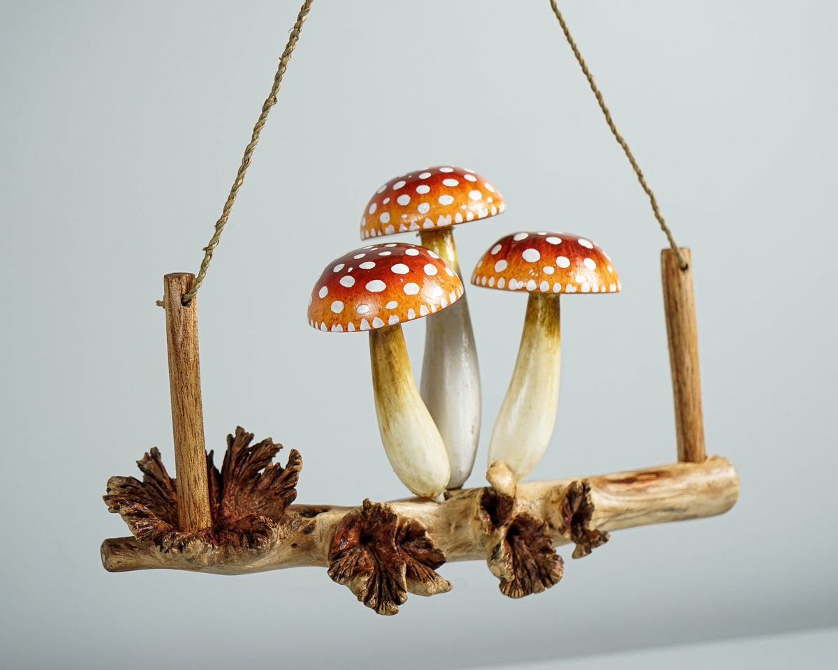 Red Hanging Mushroom Sculpture 7.5in Length Hand-Carved Wooden Forest Wall Art