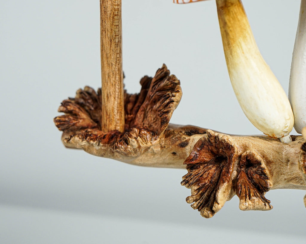 Red Hanging Mushroom Sculpture 7.5in Length Hand-Carved Wooden Forest Wall Art