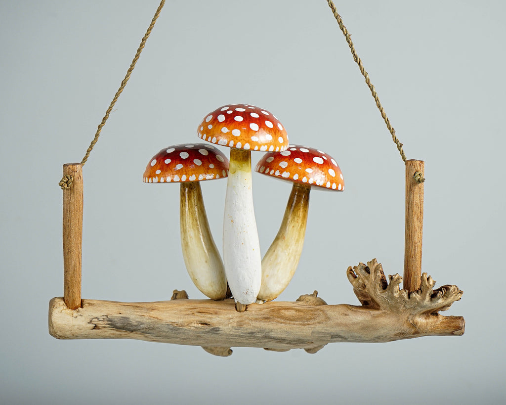 Red Hanging Mushroom Sculpture 7.5in Length Hand-Carved Wooden Forest Wall Art