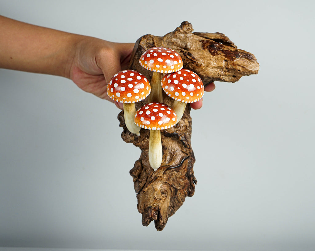 Red Hanging Mushroom Sculpture 8in Tall Hand-Carved Fairy Wooden Wall Art