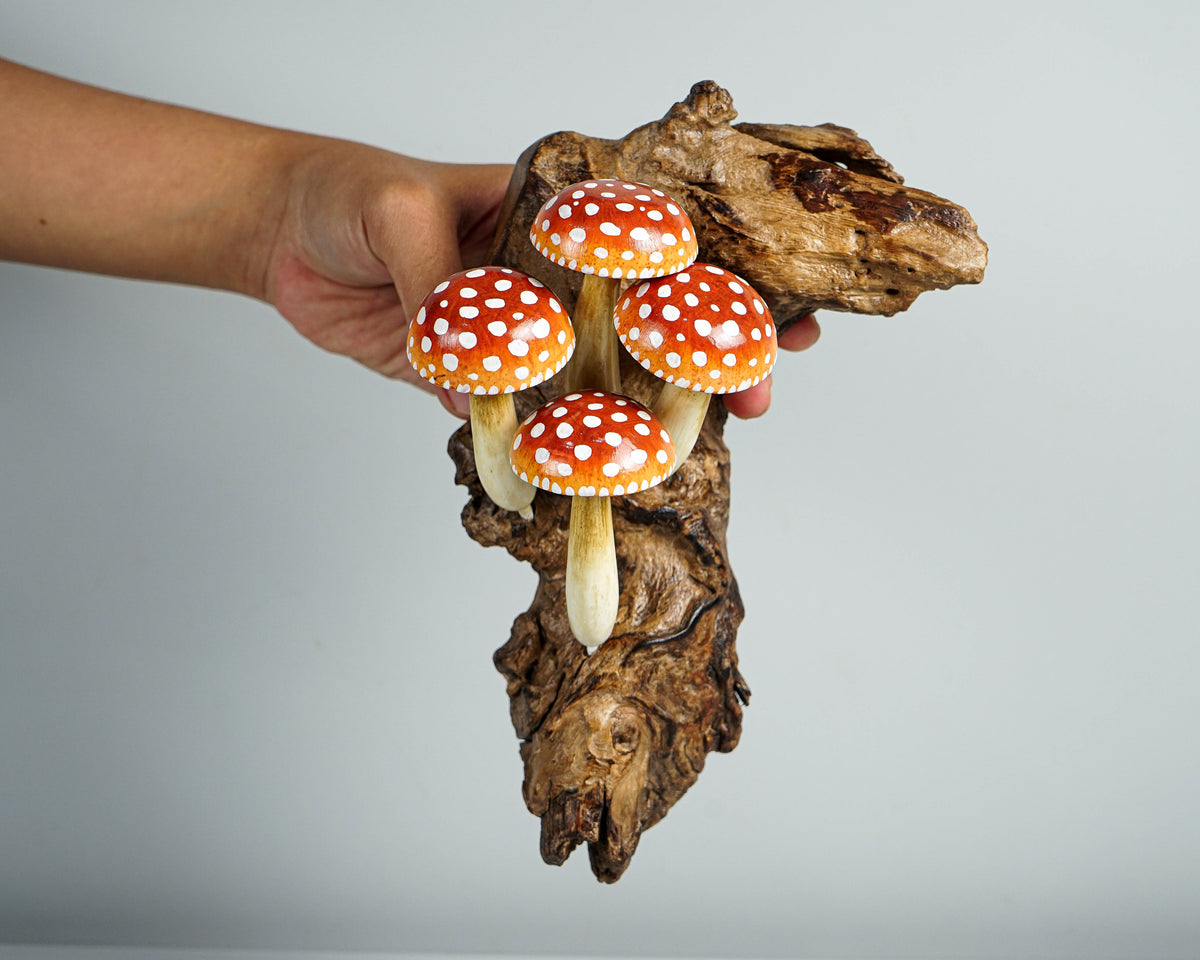 Red Hanging Mushroom Sculpture 8in Tall Hand-Carved Fairy Wooden Wall Art