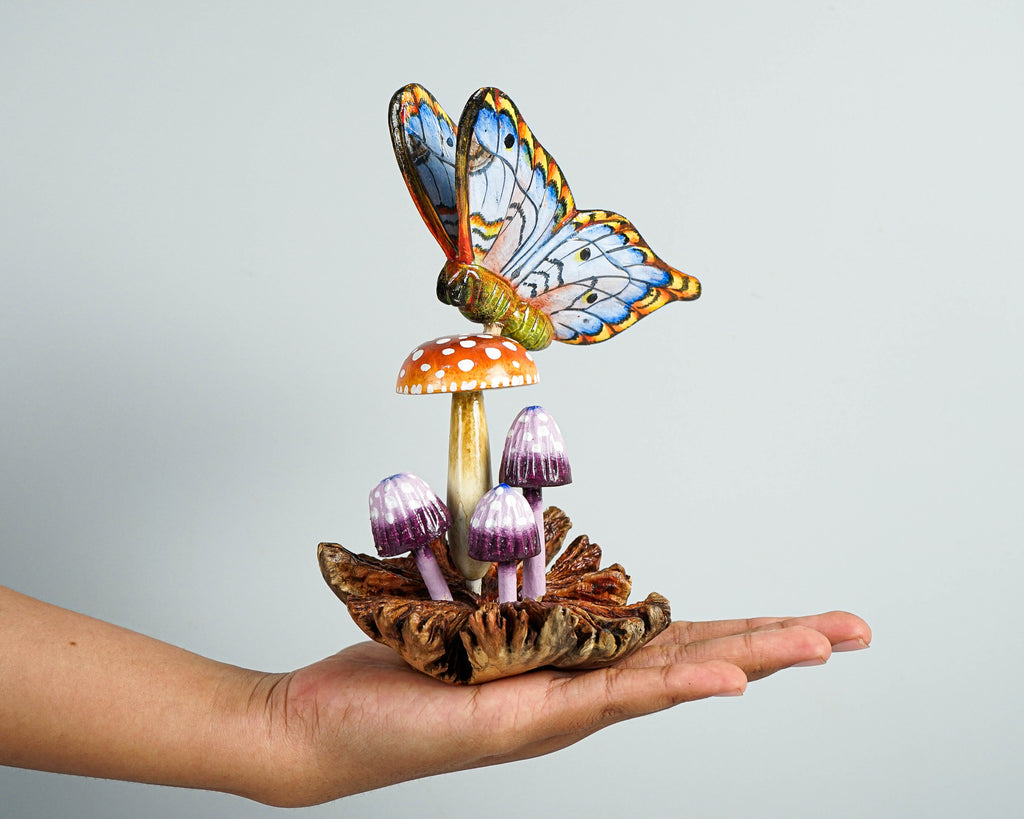 Blue Butterfly On Mushroom Sculpture, Hand Painted, Artwork, Wood Carving, Handmade Decor, Insect Statue, Home Decor, Gift for Sister
