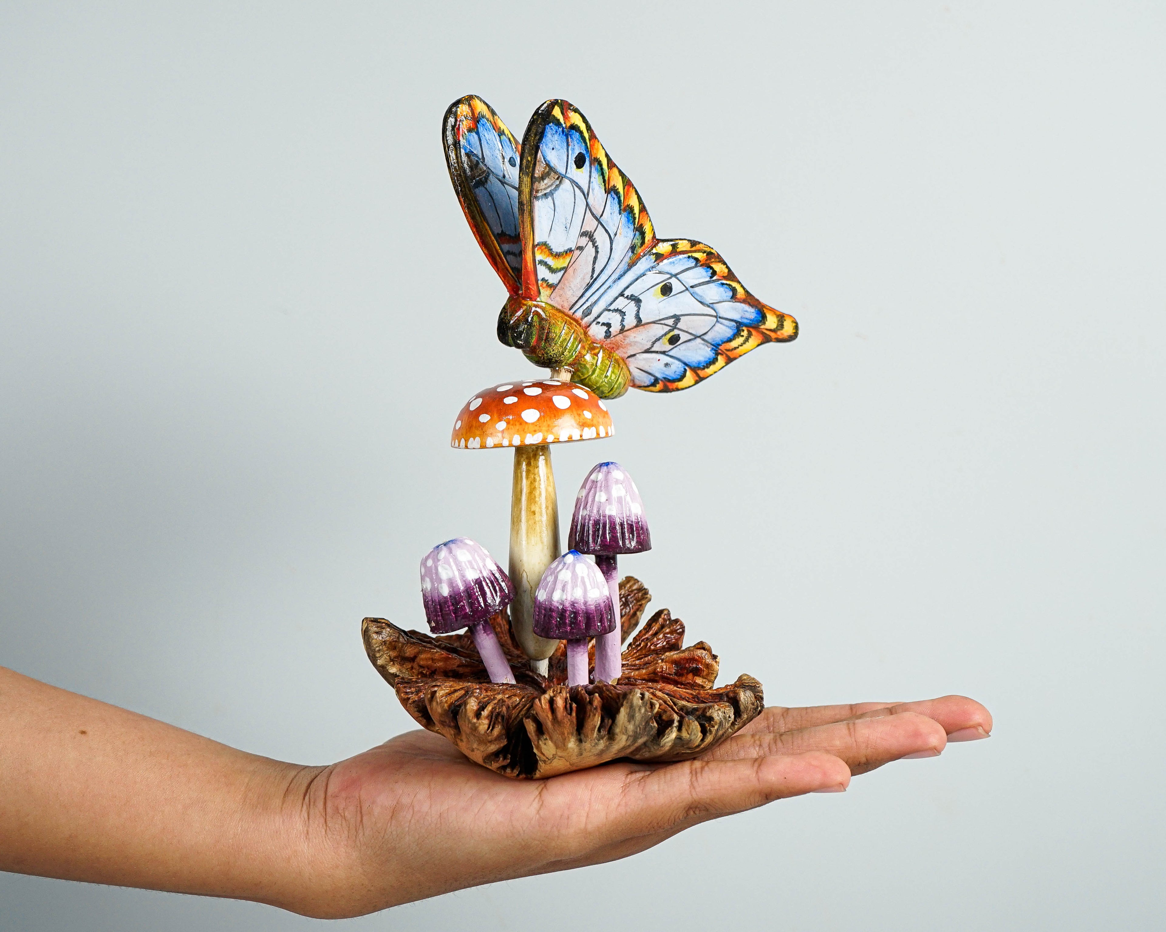 Blue Butterfly On Mushroom Sculpture, Hand Painted, Artwork, Wood Carving, Handmade Decor, Insect Statue, Home Decor, Gift for Sister