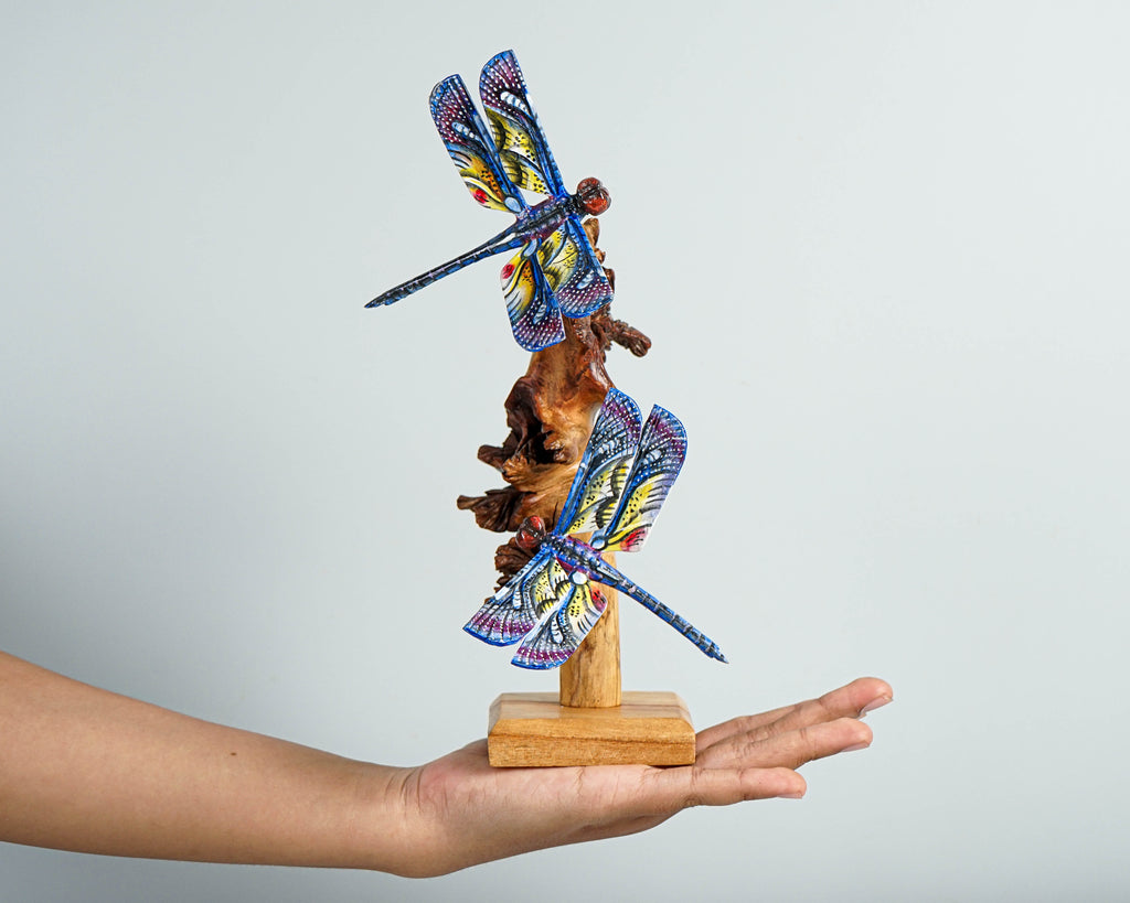 Blue Dragonfly Sculpture, Couple, Wood Carving, Handmade Statue, Unique Figurine, Fairy, Garden Decoration, Wedding Gift, Couples Gift