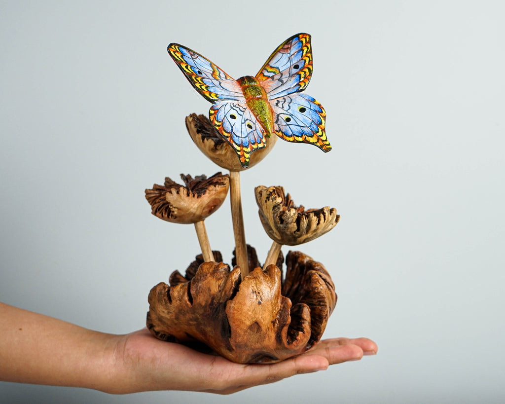 Blue Butterfly Art, Mushroom, Wood Carving, Painted Statue, Unique, Insect Statue, Kitchen Decoration, Handmade Sculpture, Special Gift