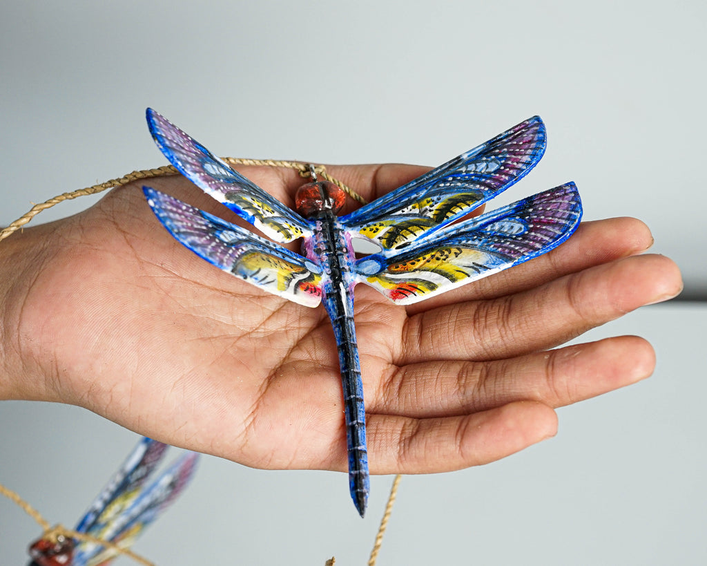 Blue Dragonfly Garland, Wall Decor, Insect, Exotic, Wood Carving, Garden, Hand-painted Figurine, Summer, Living Room Decor, Mother Loss Gift