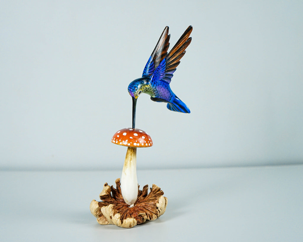 Blue Hummingbird & Red Mushroom Statue, Painted Sculpture, Wood Carving Figure, Bird, Colibri, Table Decor, Personalized, Handmade Gift