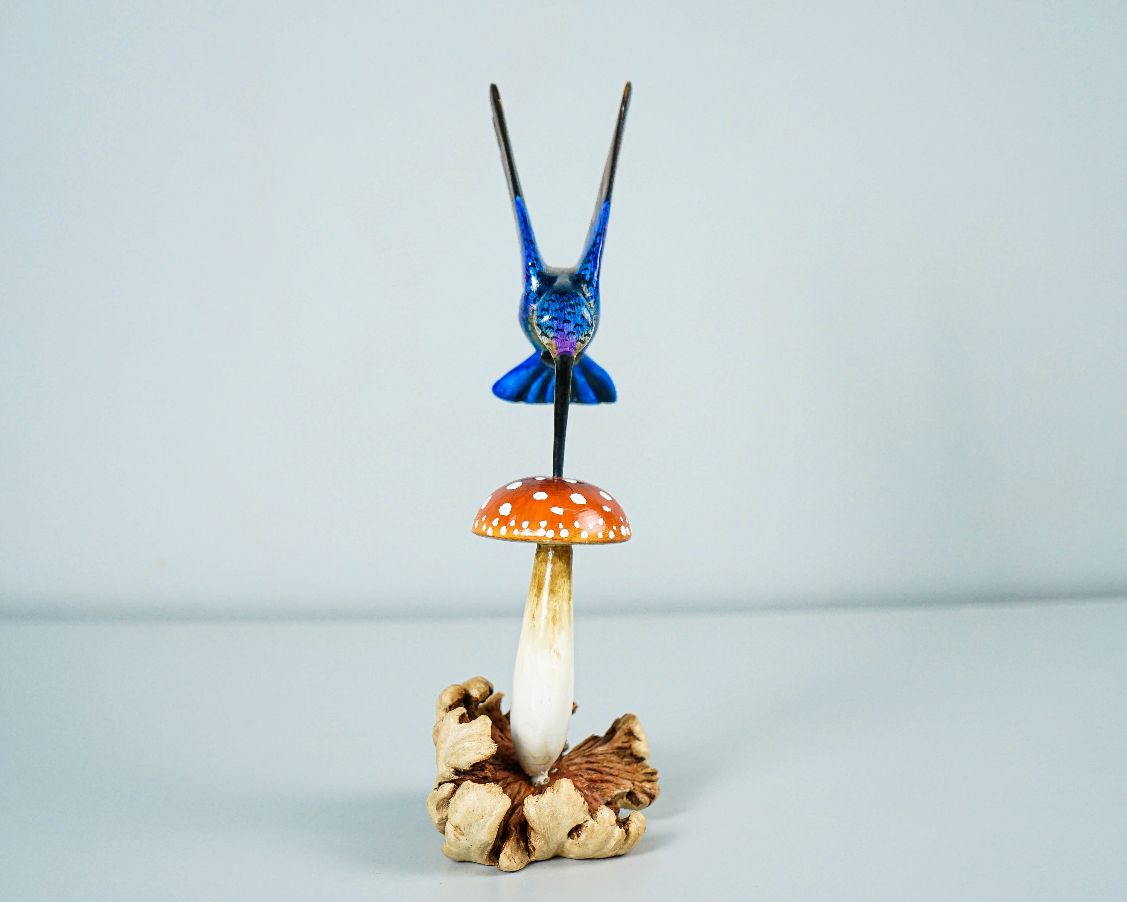 Blue Hummingbird & Red Mushroom Statue, Painted Sculpture, Wood Carving Figure, Bird, Colibri, Table Decor, Personalized, Handmade Gift