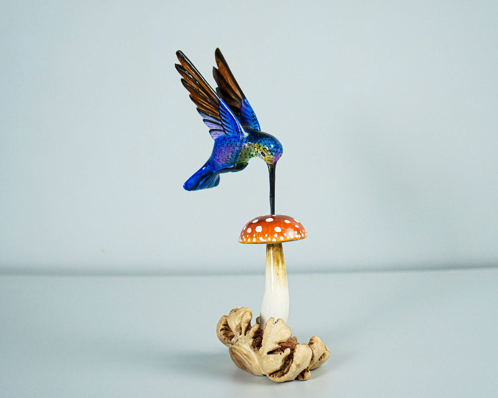 Blue Hummingbird & Red Mushroom Statue, Painted Sculpture, Wood Carving Figure, Bird, Colibri, Table Decor, Personalized, Handmade Gift
