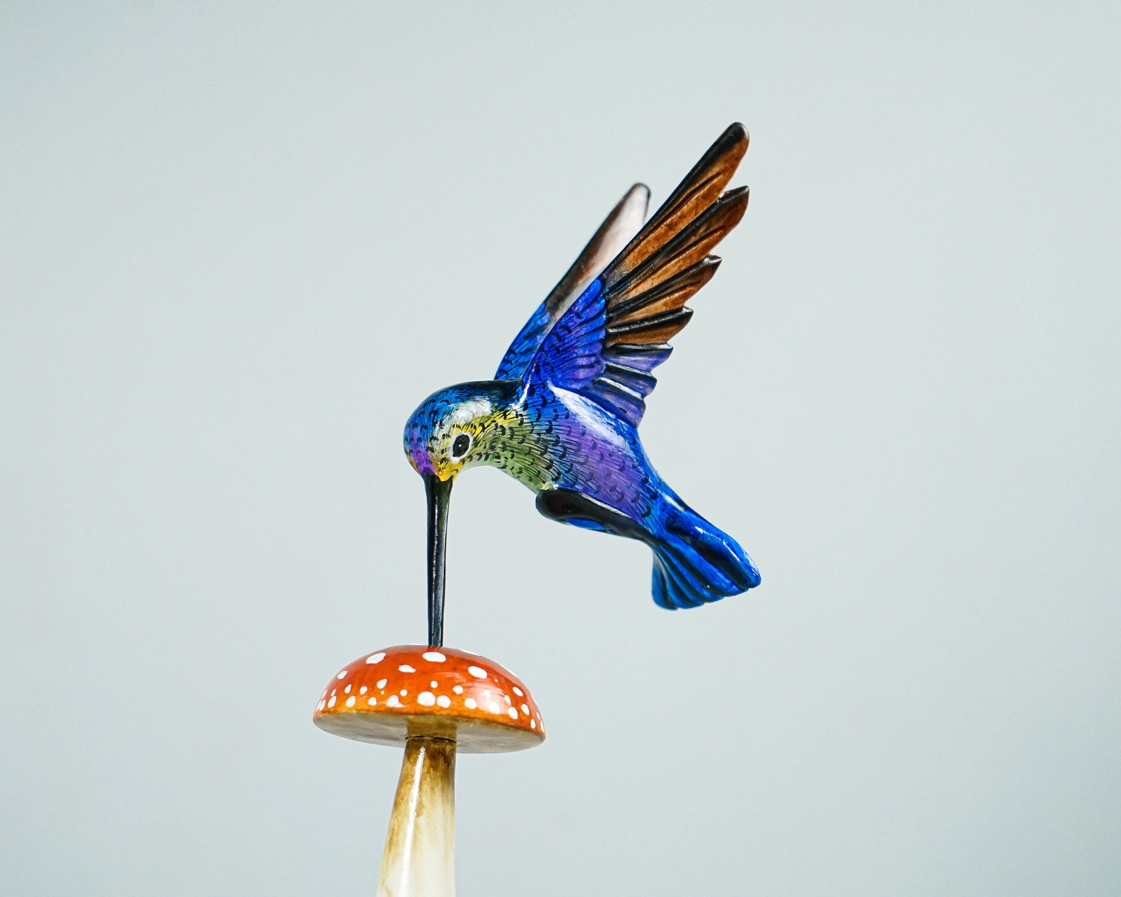 Blue Hummingbird & Red Mushroom Statue, Painted Sculpture, Wood Carving Figure, Bird, Colibri, Table Decor, Personalized, Handmade Gift