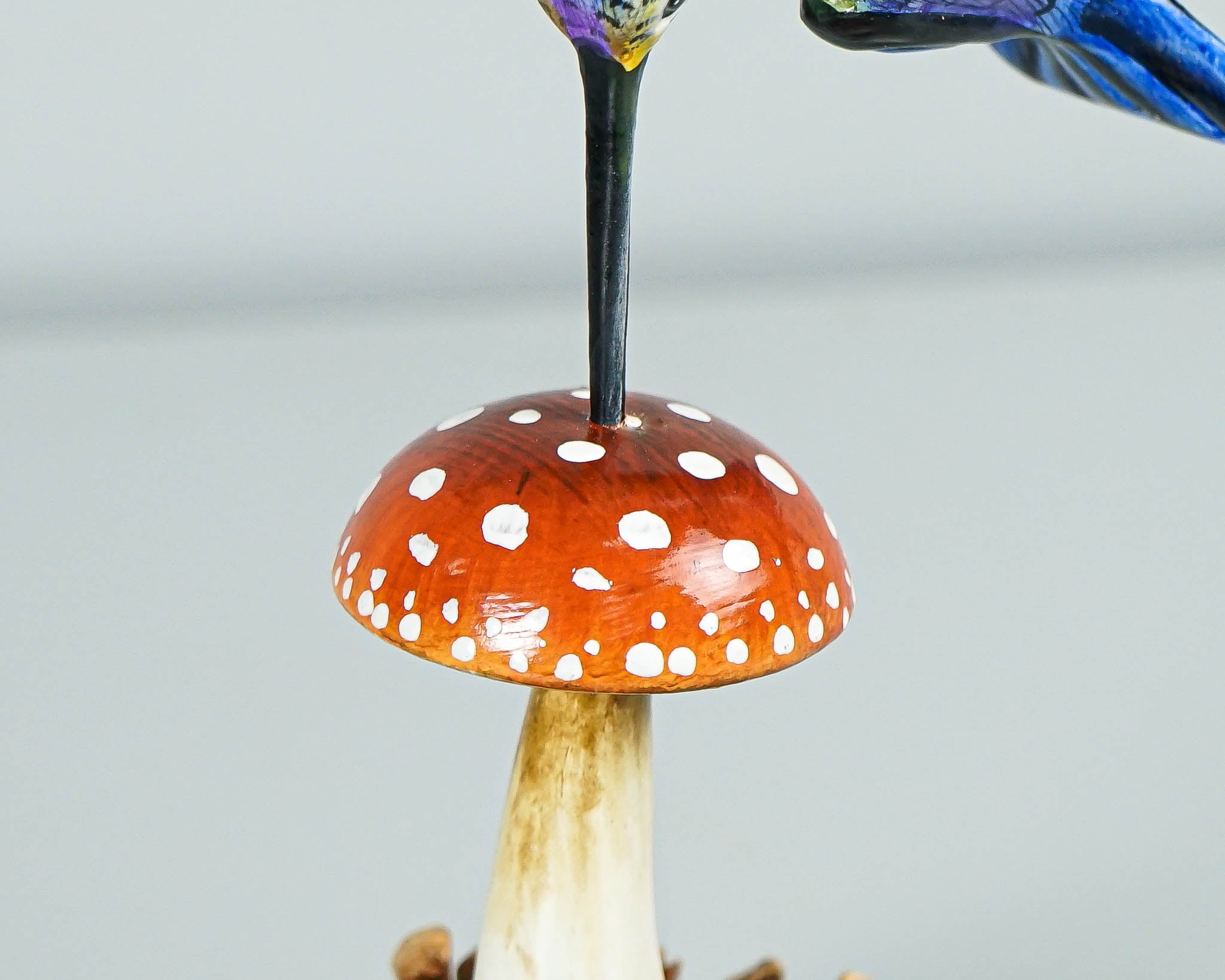 Blue Hummingbird & Red Mushroom Statue, Painted Sculpture, Wood Carving Figure, Bird, Colibri, Table Decor, Personalized, Handmade Gift