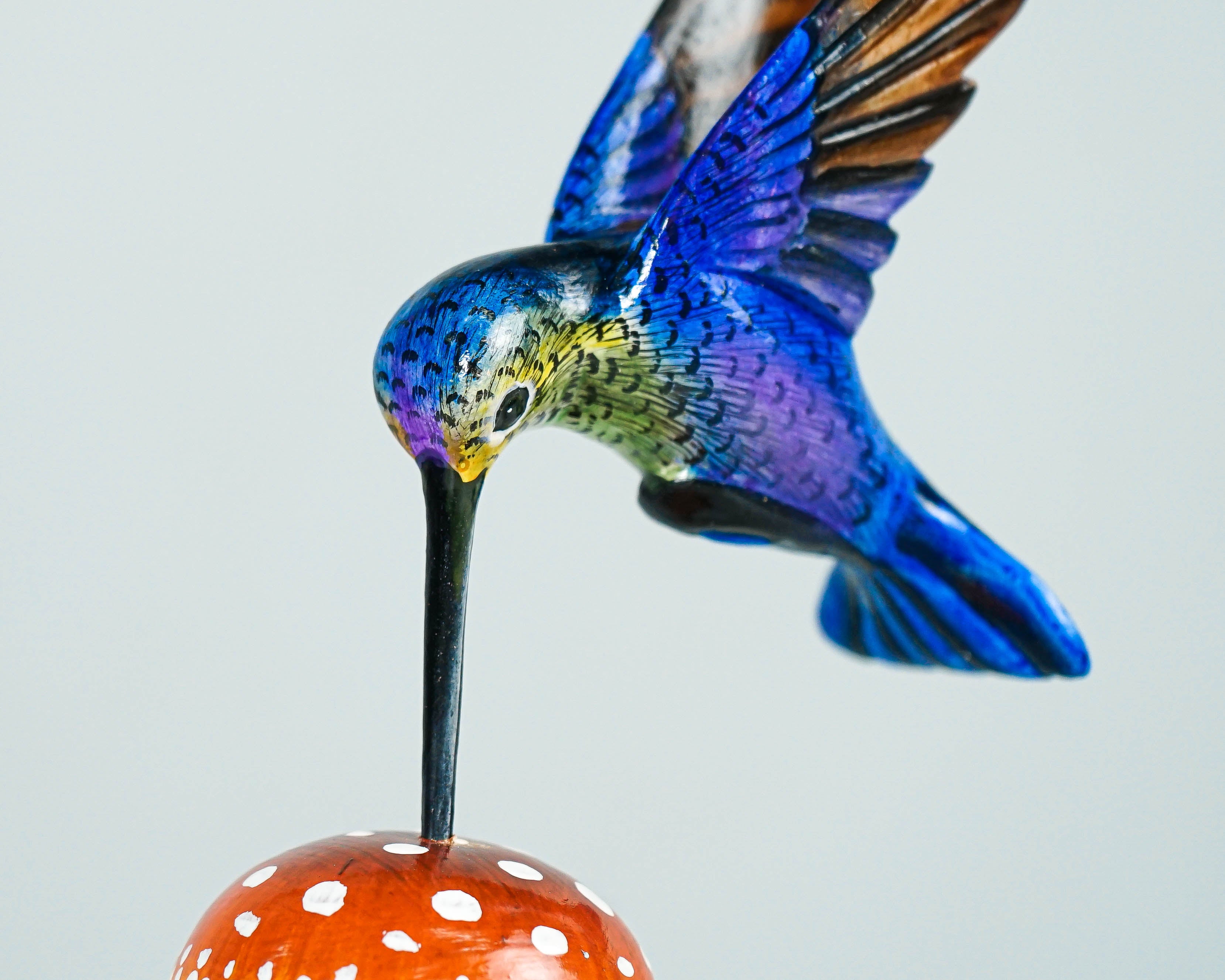 Blue Hummingbird & Red Mushroom Statue, Painted Sculpture, Wood Carving Figure, Bird, Colibri, Table Decor, Personalized, Handmade Gift