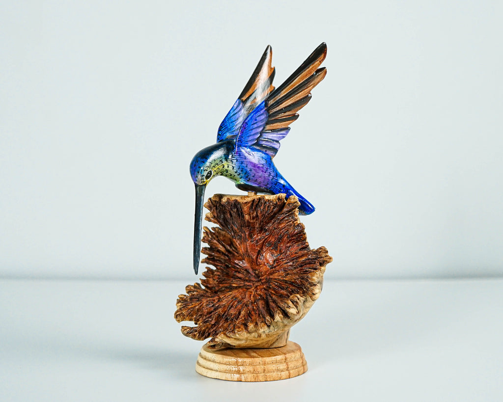 Blue Hummingbird Statue, Painted Sculpture, Wood Carving Figure, Handmade, Artwork, Bird Statue, Living Room Decor, Colibri, Birthday Gift