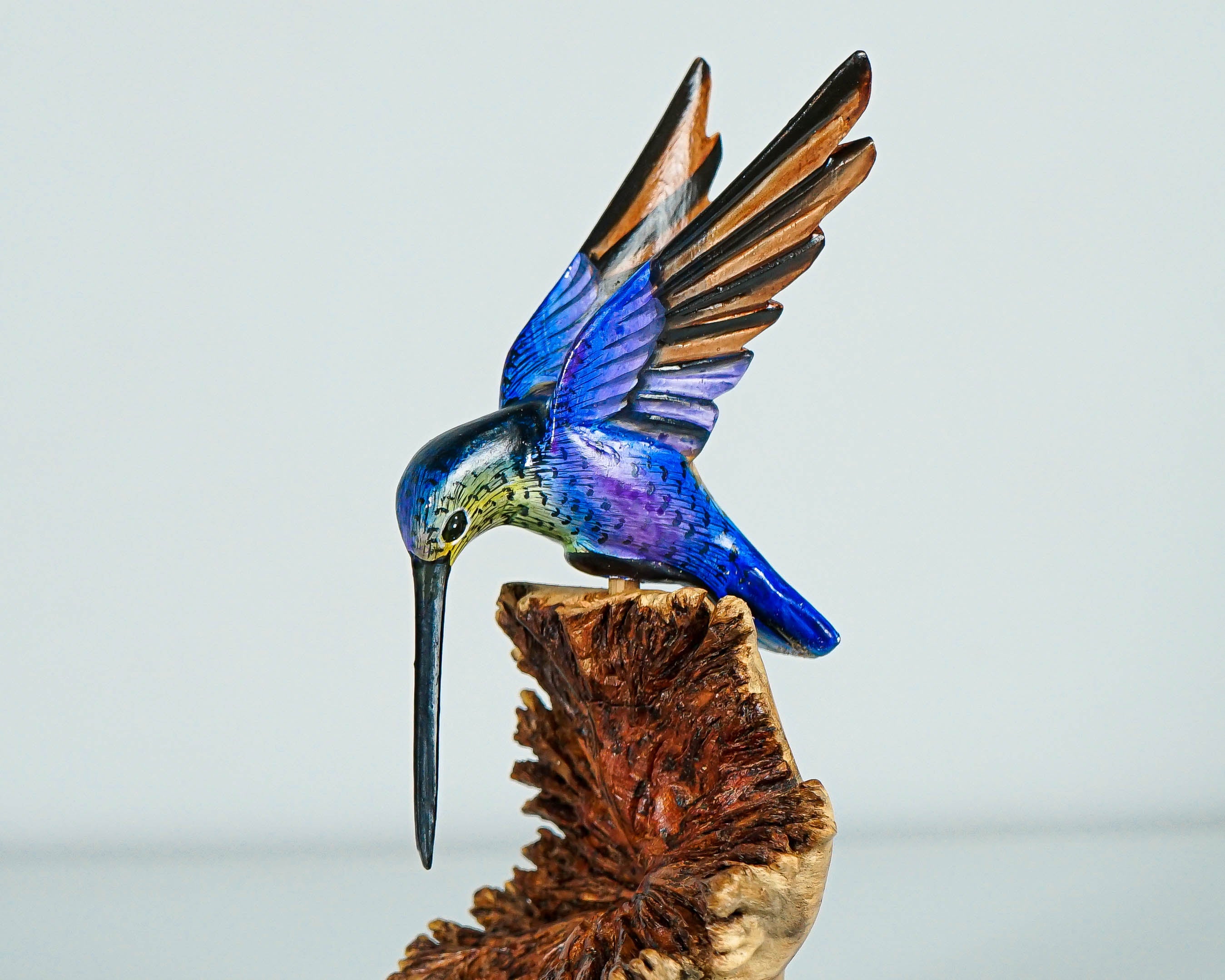 Blue Hummingbird Statue, Painted Sculpture, Wood Carving Figure, Handmade, Artwork, Bird Statue, Living Room Decor, Colibri, Birthday Gift