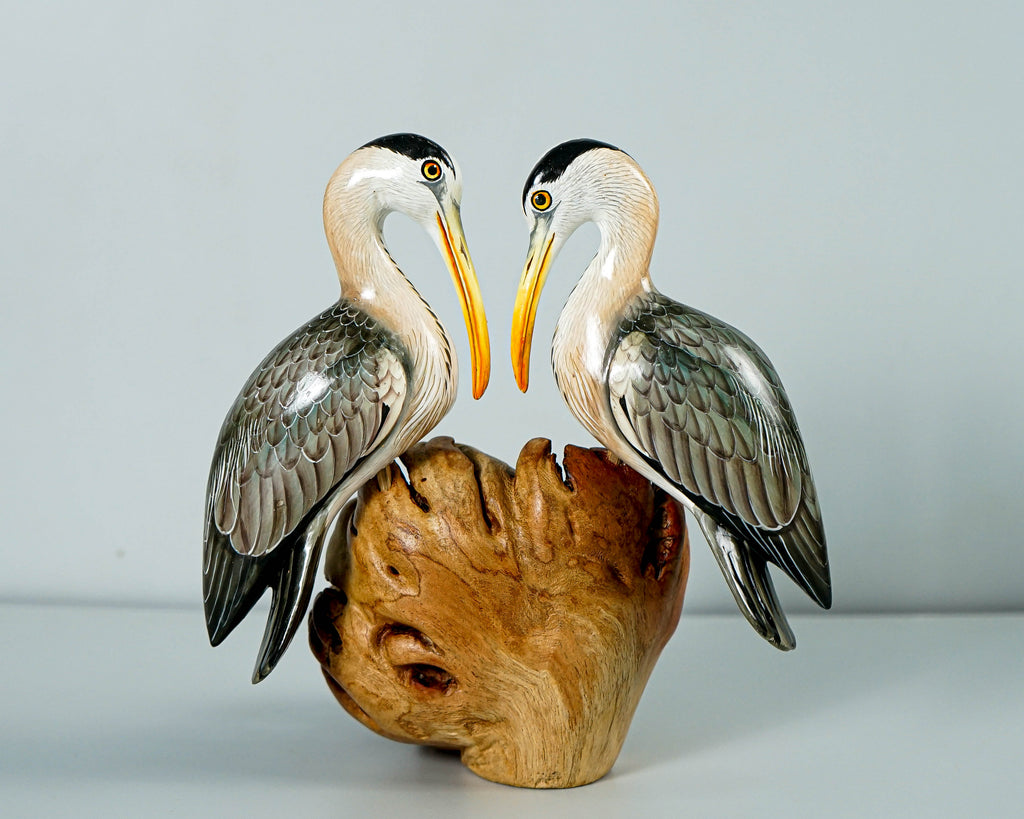 Colorful Heron Statue, Romantic, Painted Sculpture, Wood Carving Figure, Bird Statue, Tabletop, Housewarming, Couple Decor, Engagement Gift