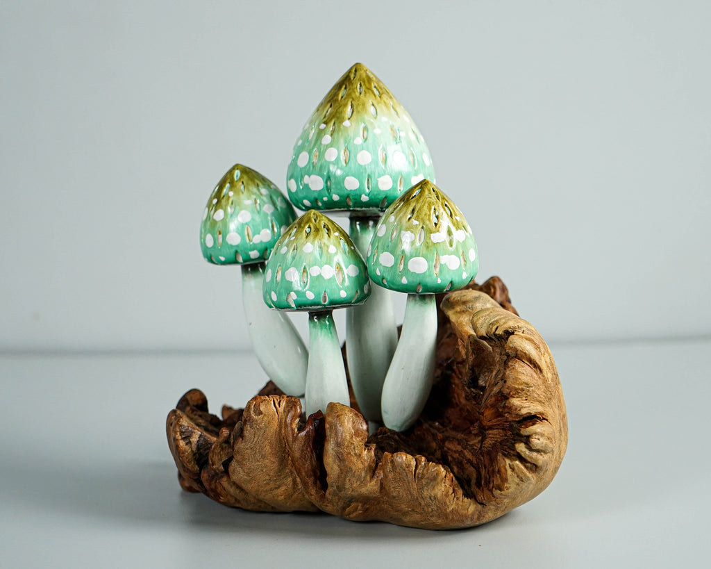 Green Mushroom Sculpture 7in Tall Hand-Painted Fairy Wooden Tabletop Decor