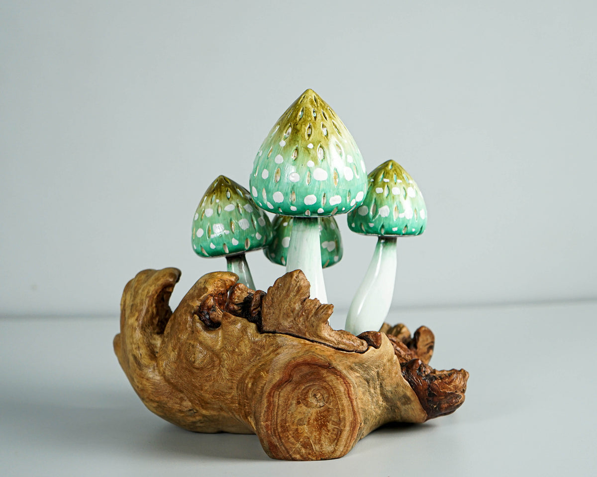 Green Mushroom Sculpture 7in Tall Hand-Painted Fairy Wooden Tabletop Decor
